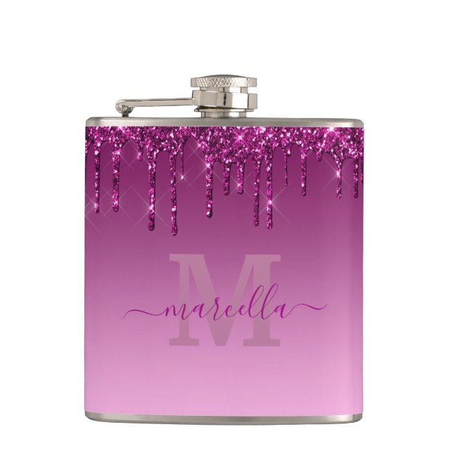 Chic Glam Pink Glitter Drip Design Name Monogram Hip Flask (Front)