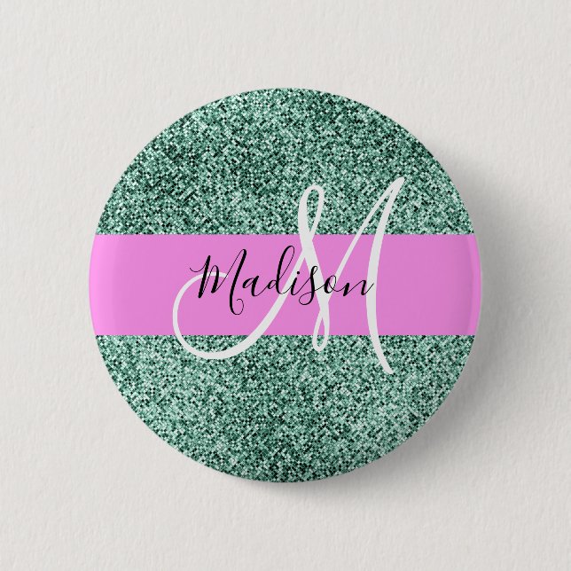Chic Glam Pink Green Glitter Sparkle Name Monogram 2 Inch Round Button (Front)