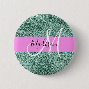 Chic Glam Pink Green Glitter Sparkle Name Monogram 2 Inch Round Button