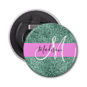 Chic Glam Pink Green Glitter Sparkle Name Monogram Bottle Opener