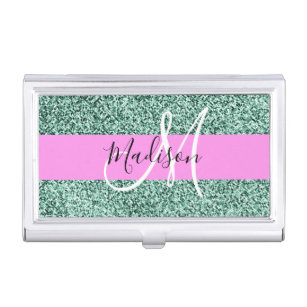 Chic Glam Pink Green Glitter Sparkle Name Monogram Business Card Holder
