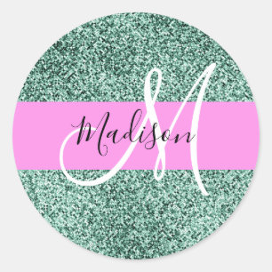 Chic Glam Pink Green Glitter Sparkle Name Monogram Classic Round Sticker