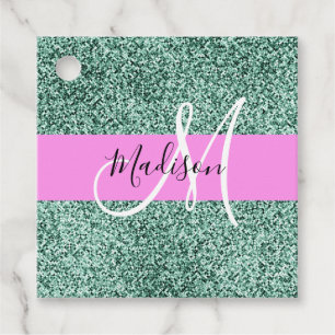 Chic Glam Pink Green Glitter Sparkle Name Monogram Favour Tags