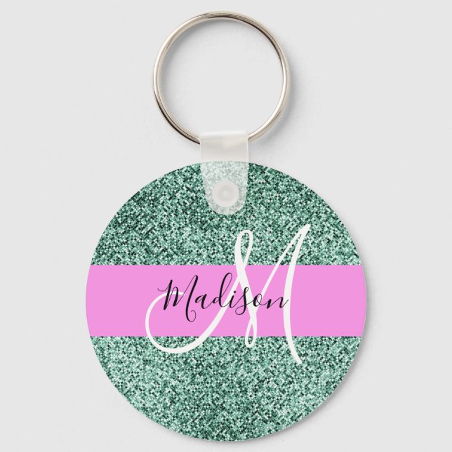 Chic Glam Pink Green Glitter Sparkle Name Monogram Keychain (Front)