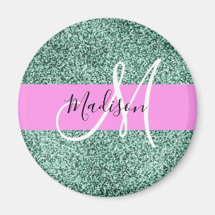 Chic Glam Pink Green Glitter Sparkle Name Monogram Magnet