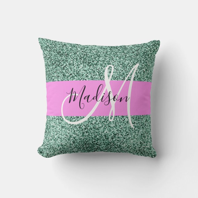 Chic Glam Pink Green Glitter Sparkle Name Monogram Throw Pillow (Front)