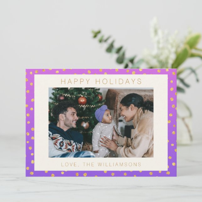 Chic Glam Purple Gold Polka Dot Personalized Photo Holiday Card (Standing Front)