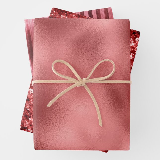 Chic Glam Red Glitter Stripes Wrapping Paper Sheet (In situ)
