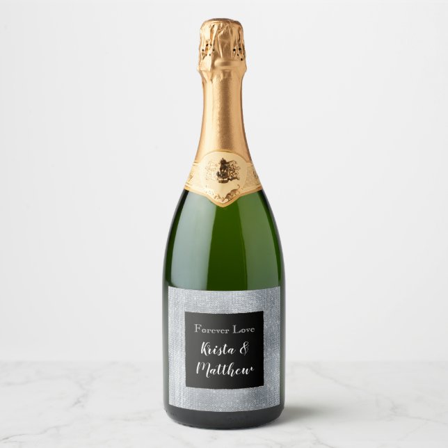 Chic Glam Silver Sparkle and Black Sparkling Wine Label (Front)