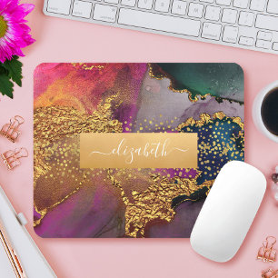 Chic glam watercolor marble gold purple blue green mouse pad
