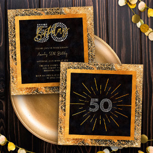 Chic Glitter Black and Gold 50th Birthday Party Invitation