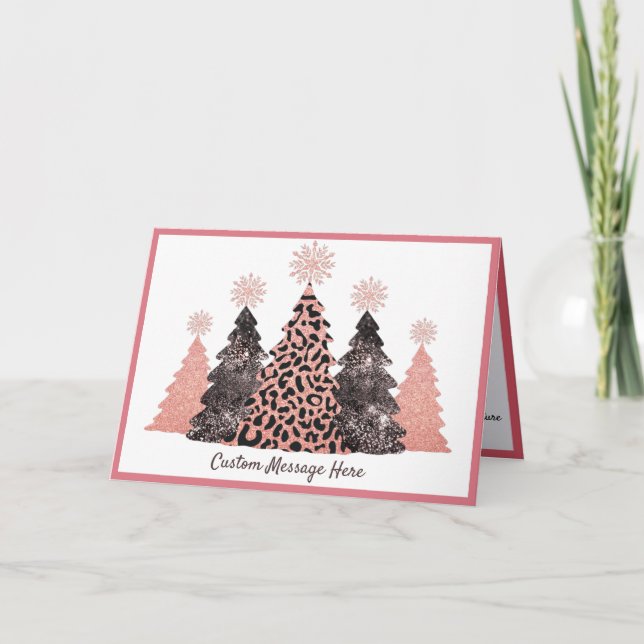 Chic Glitter Christmas Trees Pink Leopard Gray Card (Front)