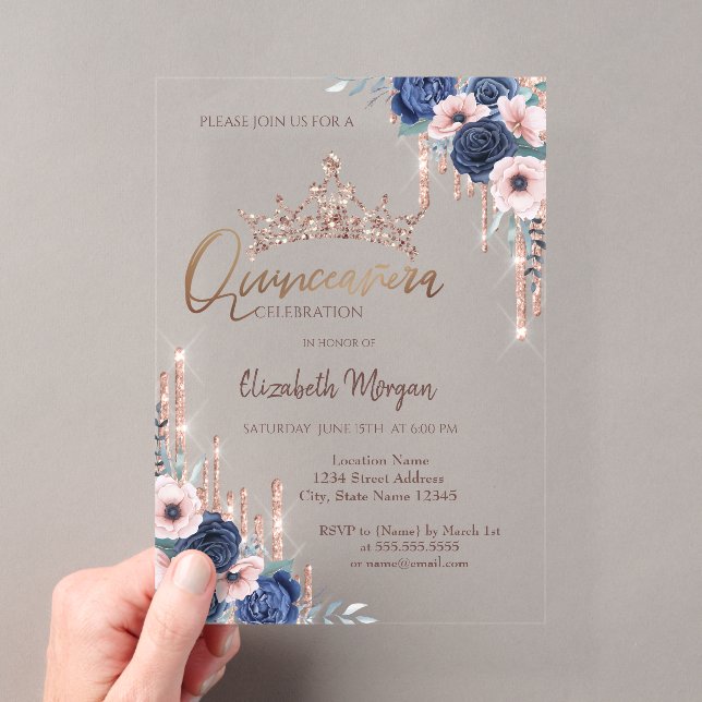 Chic Glitter Crown Drop,Blue Roses Quinceañera   Acrylic Invitations (Insitu (Handheld))