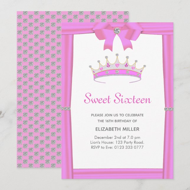 Chic Glitter Diamond Crown Sweet Sixteen Invitation (Front/Back)