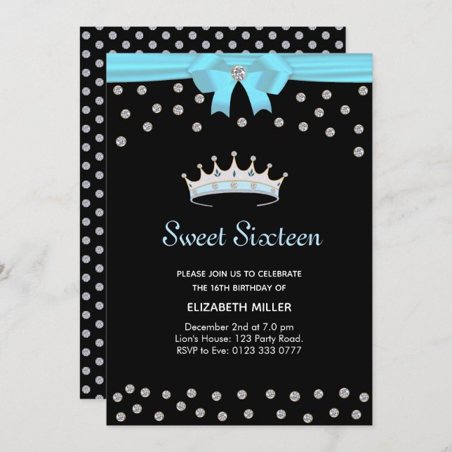 Chic Glitter Diamond Sweet Sixteen on Black Invitation (Front/Back)
