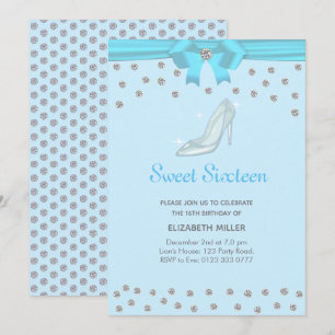 Chic Glitter Diamonds Sweet Sixteen on Light Blue Invitation