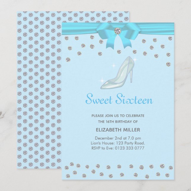 Chic Glitter Diamonds Sweet Sixteen on Light Blue Invitation (Front/Back)