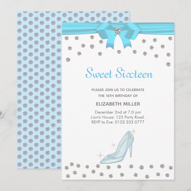 Chic Glitter Diamonds Sweet Sixteen on White Invitation (Front/Back)
