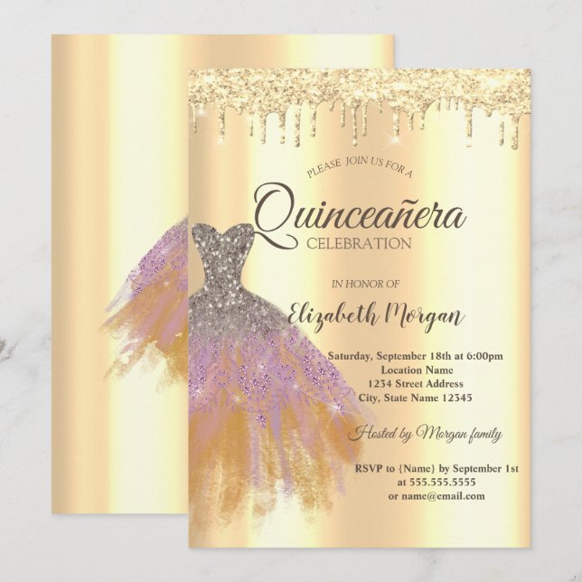Chic Glitter Dress,Gold Drips Quinceañera  Invitation (Front/Back)