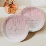 Chic Glitter Drip 30th Birthday Party Pink Paper Plate<br><div class="desc">These chic,  elegant 30th birthday party paper plates feature a sparkly pink faux glitter drip border and pink ombre background. Personalize them with the guest of honour's name in rose handwriting script,  with her birthday and date below in sans serif font.</div>