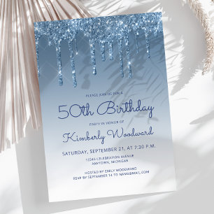Chic Glitter Drip Blue 50th Birthday Invitation