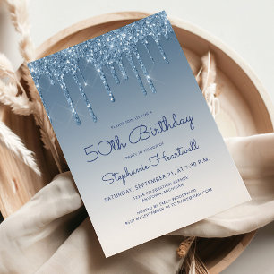 Chic Glitter Drip Blue 50th Birthday Invitation