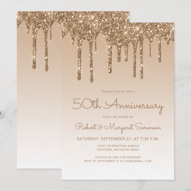 Chic Glitter Drip Gold 50th Anniversary Party Invitation (Front/Back)