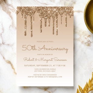 Chic Glitter Drip Gold 50th Anniversary Party Invitation