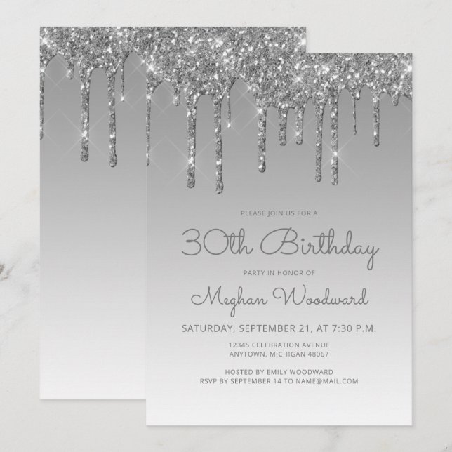 Chic Glitter Drip Silver 30th Birthday Invitation (Front/Back)
