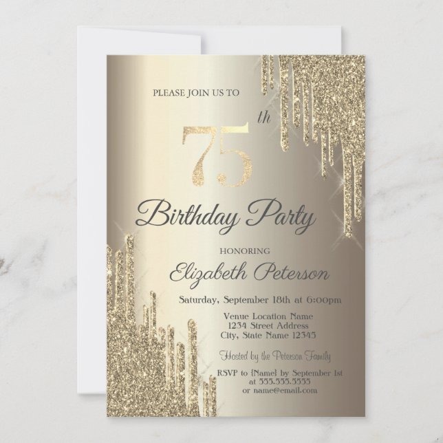 Chic Glitter Drips Champagne 75th Birthday   Invitation (Front)