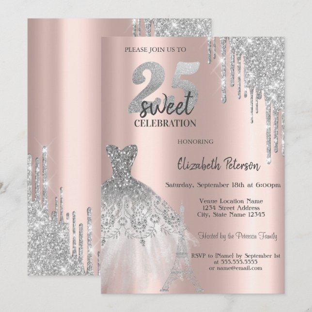 Chic Glitter Drips, Eiffel Tower Dress Sweet 25 Invitation (Front/Back)