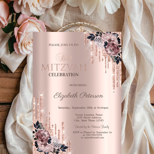 Chic Glitter Drips Flowers Rose Gold Bat Mitzvah   Invitation (Creator Uploaded)
