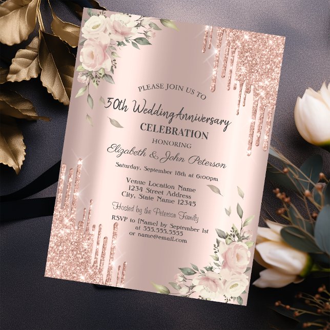 Chic Glitter Drips,Flowers Wedding Anniversary Invitation (Creator Uploaded)