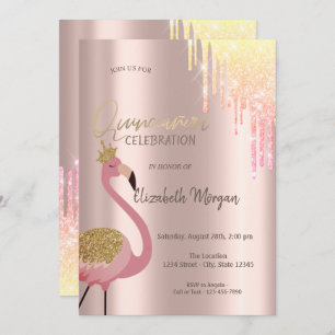 Chic Glitter Drips Pink Flamingo Quinceañera Invitation
