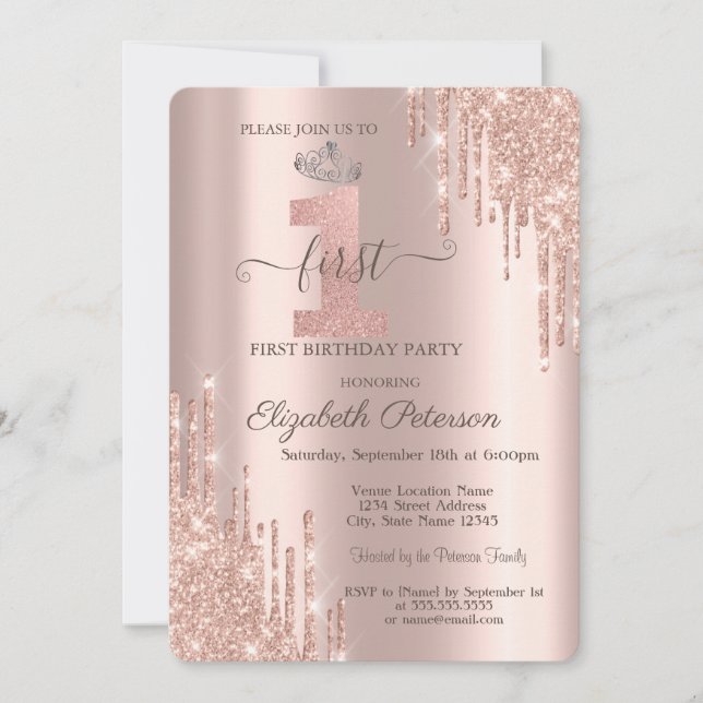 Chic Glitter Drips Rose Gold Silver Tiara 1st  Invitation (Front)