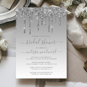 Chic Glitter Drips Silver Ombre Bridal Shower Invitation