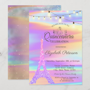 Chic Glitter Eiffel Tower Holographic Quinceañera  Invitation