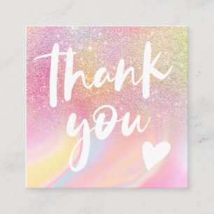 Chic glitter girly rainbow marble pastel thank you square business card