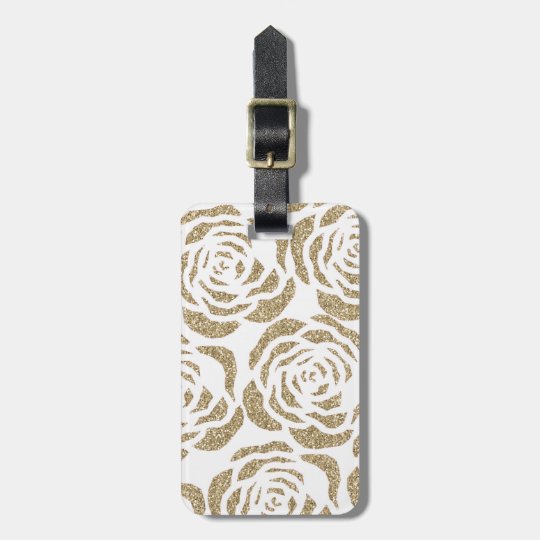 Chic Glitter Gold Roses White Floral Luggage Tag