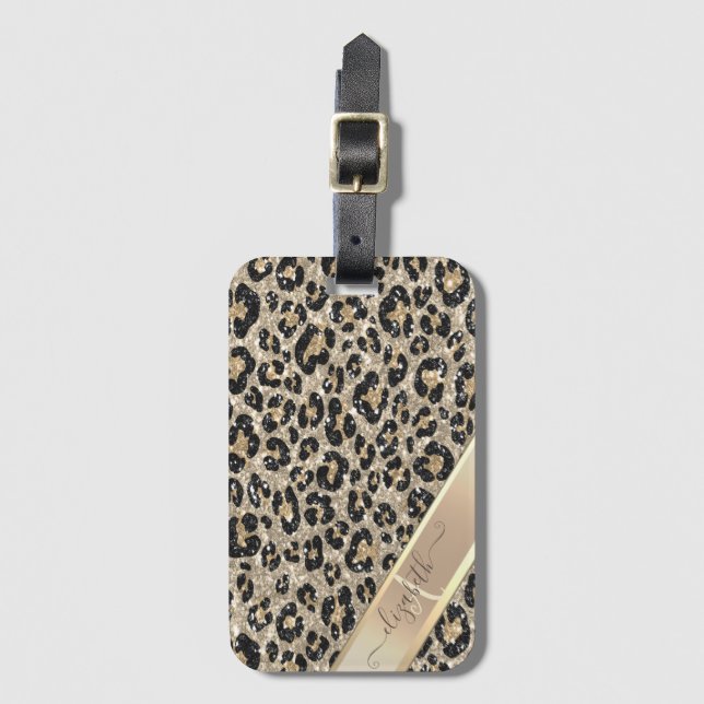 Chic Glitter Leopard Pattern Monogram      Luggage Tag (Front Vertical)