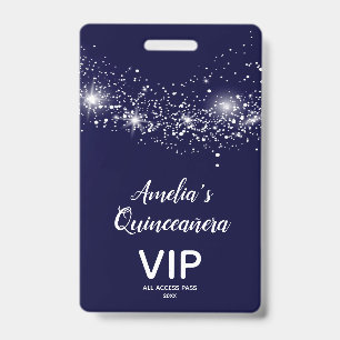 Chic Glitter on Navy Quinceañera Invite VIP Pass Badge