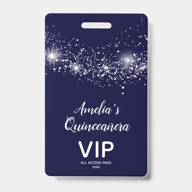 Chic Glitter on Navy Quinceañera Invite VIP Pass Badge (Front)