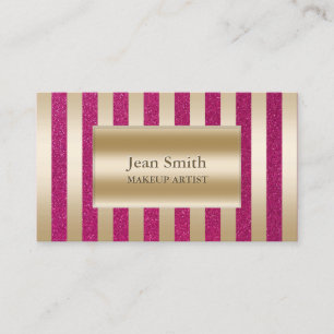 Chic Glitter Pink & Gold Stripes Makeup Artist Business Card