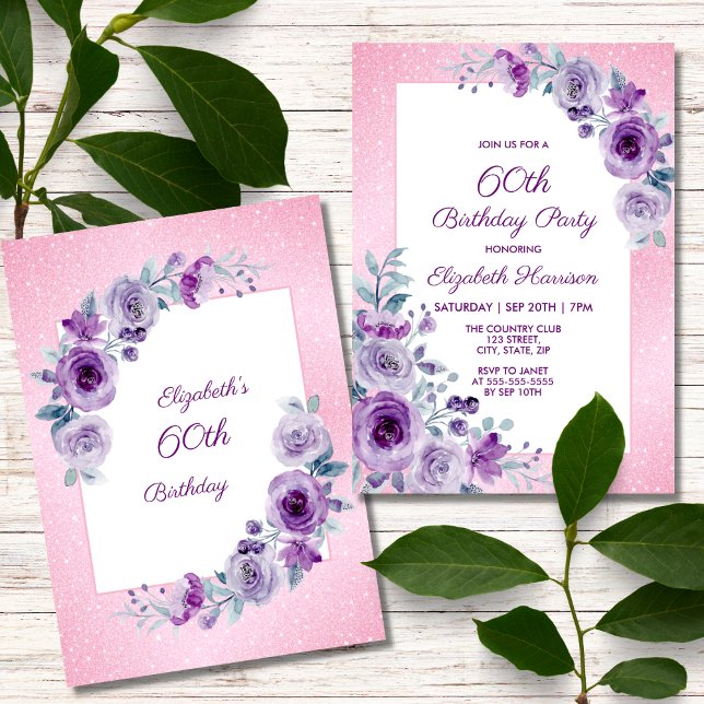 Chic Glitter Pink Purple Roses Floral Birthday  Invitation (Creator Uploaded)