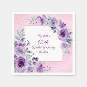 Chic Glitter Pink Purple Roses Floral Birthday Napkin