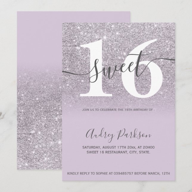 Chic glitter purple lilac ombre girly Sweet 16 Invitation (Front/Back)