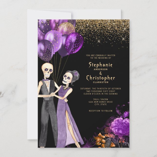 Chic Glitter Skeleton Halloween Wedding Invitation (Front)