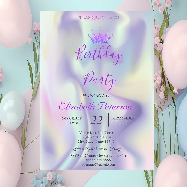 Chic Glitter Tiara Holographic Birthday Party Invitation (Creator Uploaded)