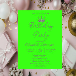 Chic Glitter Tiara Neon Green Birthday Invitation