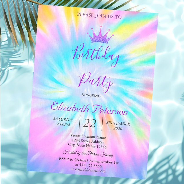 Chic Glitter Tiara Tie Dye Birthday Invitation (Creator Uploaded)